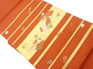 横縞に扇子・桜模様織出し名古屋帯